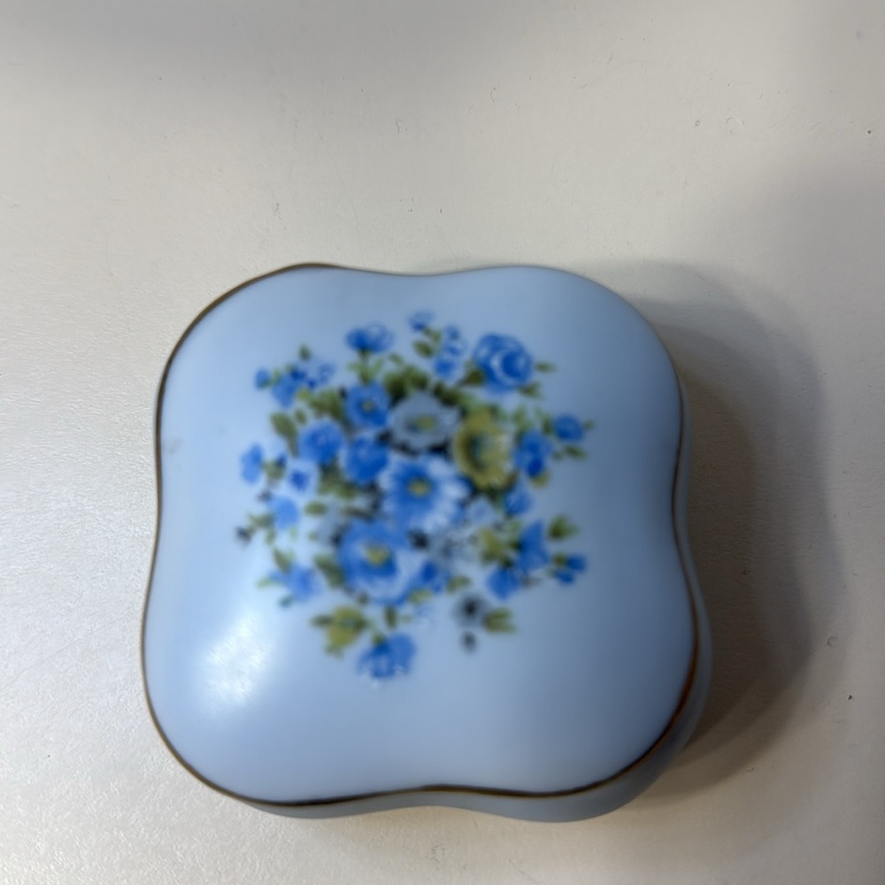 Lefton China Handpainted Blue Floral Trinket Keepsake Box Vintage #7687